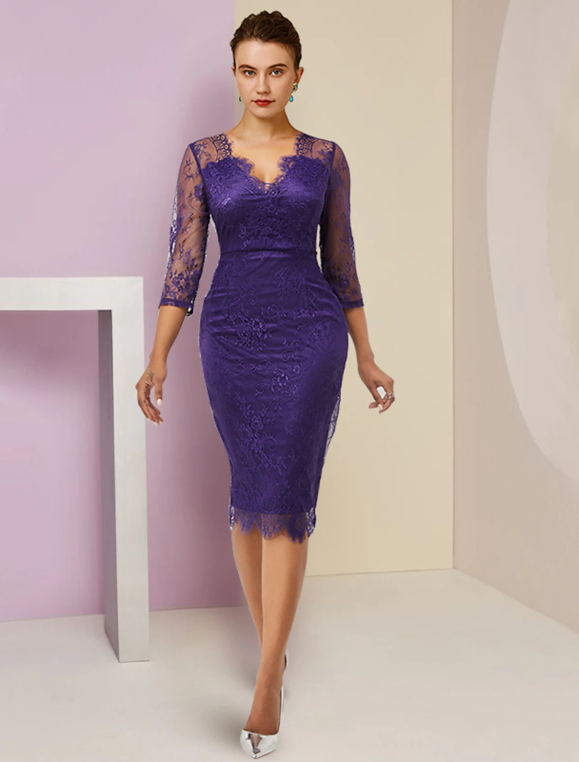 Wholesale  Two Piece Sheath / Column Mother of the Bride Dress Formal Fall Wedding Guest Elegant detachable V Neck Knee Length Chiffon Lace 3/4 Length Sleeve with Bow(s)